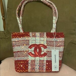 CHANEL Red and White Tweed Tote